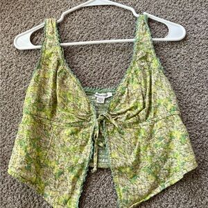 American Eagle Outfitters Lime Floral Tie-Front Crop Top